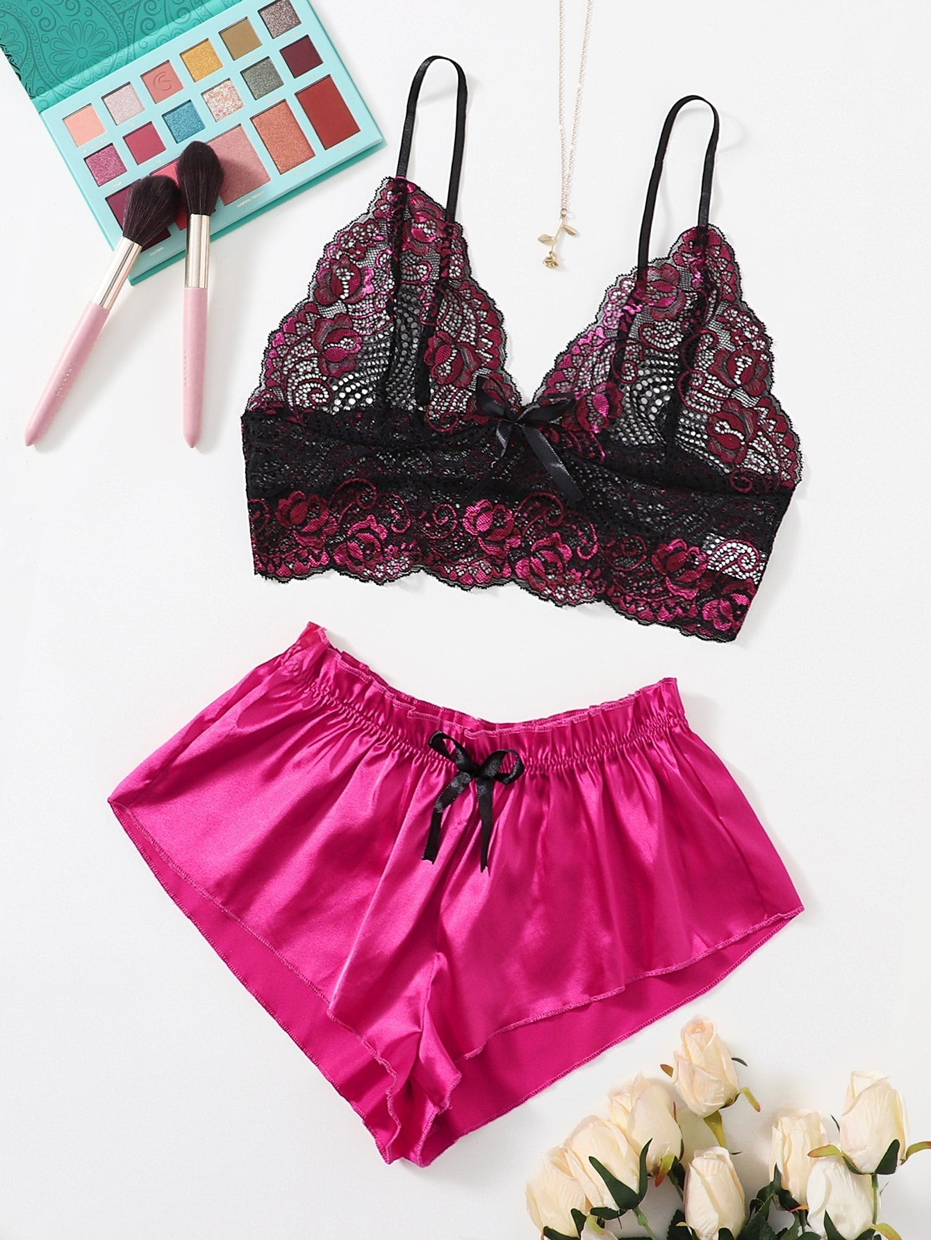 Floral Lace Bralette With Satin Shorts - Negative Apparel