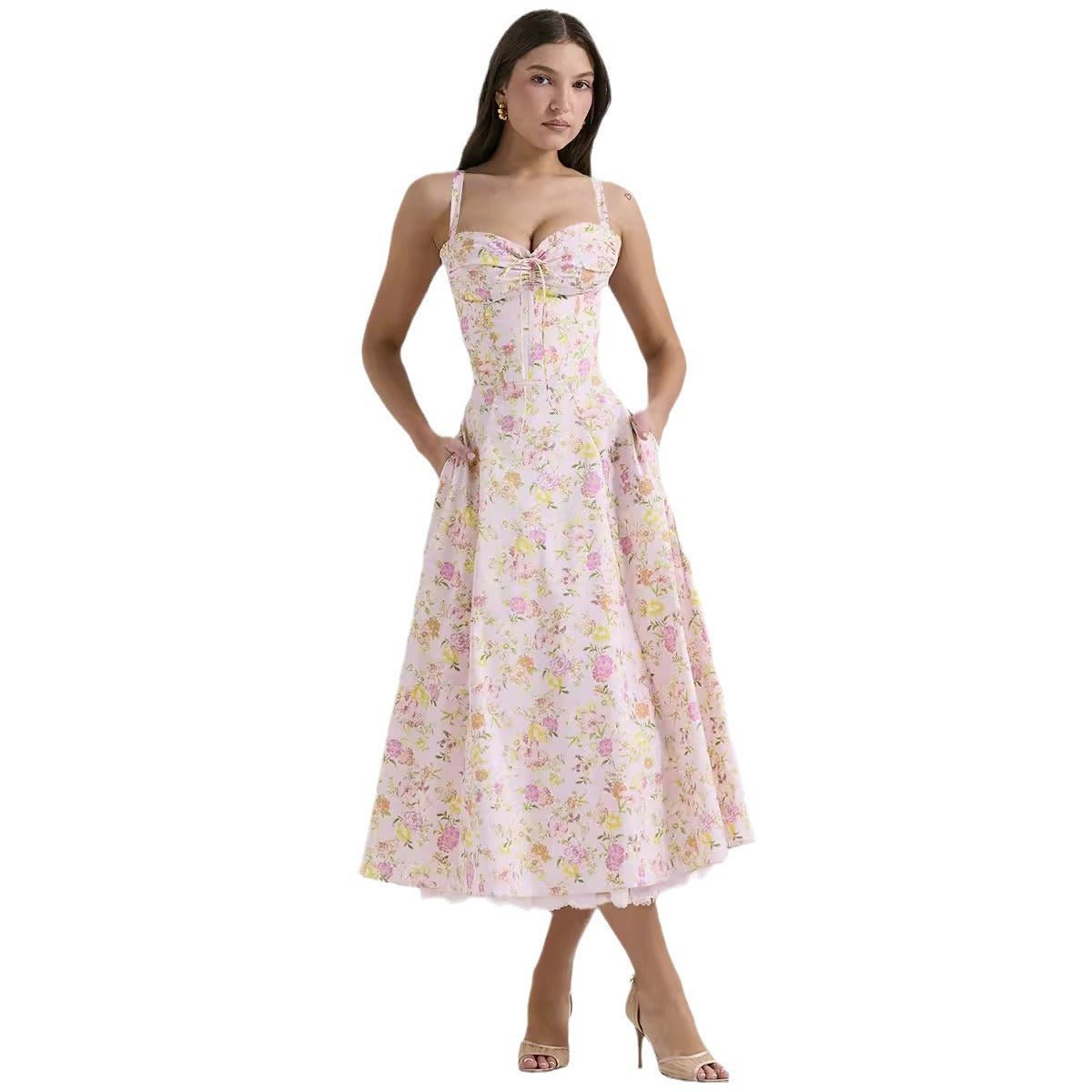 Floral series French summer suspender gentle style dress slim floral suspender long dress - Negative Apparel