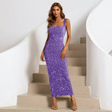 Gray one - shoulder long style high - end slim sequined evening dress - Negative Apparel