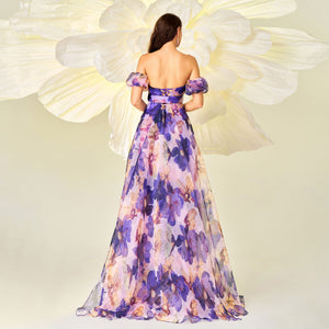 High - end wrapped chest one - shoulder neckline slim waist printing banquet big swing evening dress for women - Negative Apparel