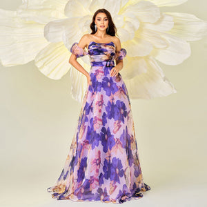High - end wrapped chest one - shoulder neckline slim waist printing banquet big swing evening dress for women - Negative Apparel
