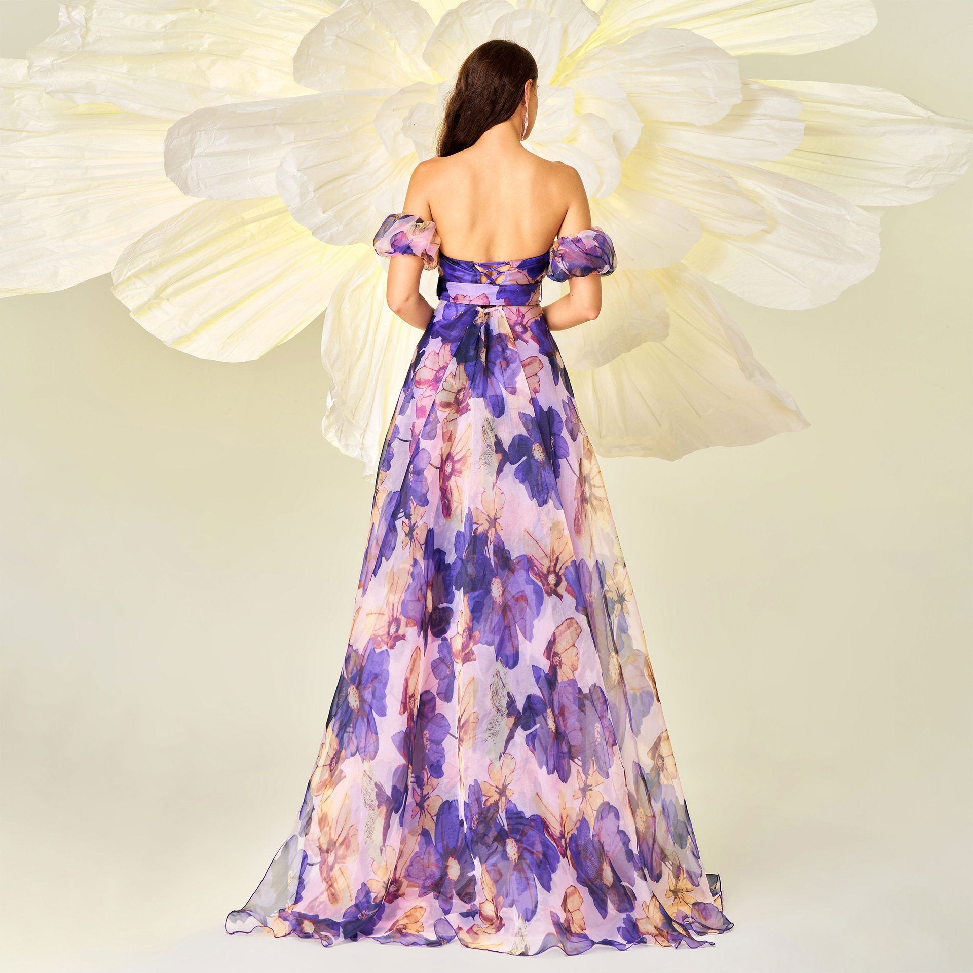 High - end wrapped chest one - shoulder neckline slim waist printing banquet big swing evening dress for women - Negative Apparel
