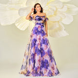 High - end wrapped chest one - shoulder neckline slim waist printing banquet big swing evening dress for women - Negative Apparel