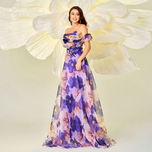 High - end wrapped chest one - shoulder neckline slim waist printing banquet big swing evening dress for women - Negative Apparel