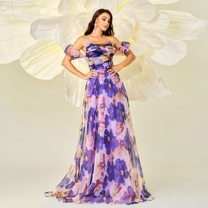 High - end wrapped chest one - shoulder neckline slim waist printing banquet big swing evening dress for women - Negative Apparel