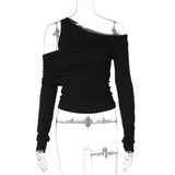 Irregular oblique shoulder pleated slim T-shirt top - Negative Apparel