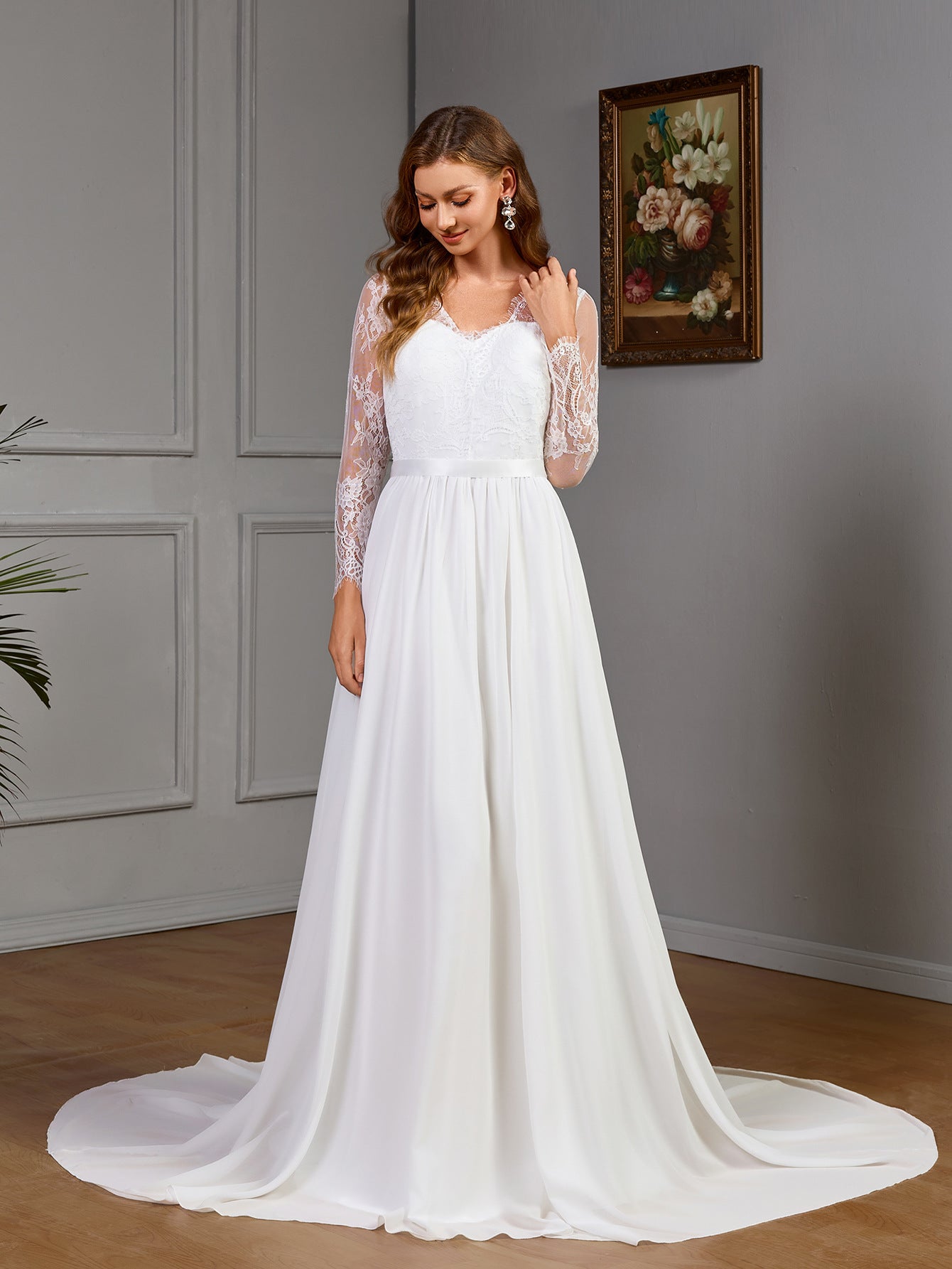 Lace long sleeve wedding dress with chest cotton big swing dress white dress - Negative Apparel