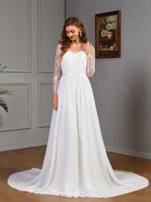 Lace long sleeve wedding dress with chest cotton big swing dress white dress - Negative Apparel