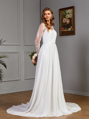 Lace long sleeve wedding dress with chest cotton big swing dress white dress - Negative Apparel