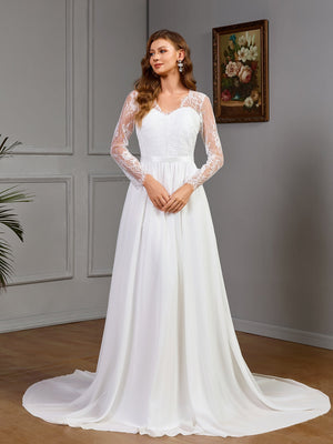Lace long sleeve wedding dress with chest cotton big swing dress white dress - Negative Apparel