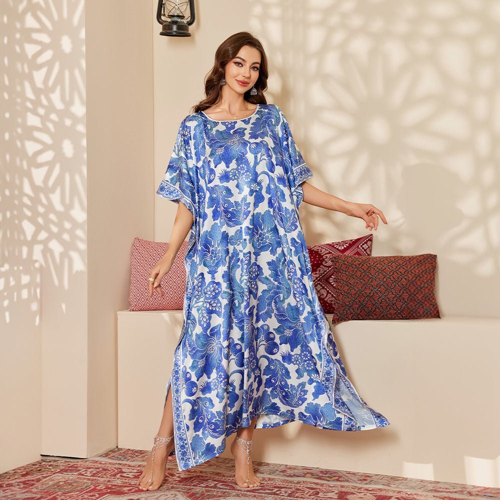 large - size satin pajamas women's summer mid - east wind loose and gorgeous printed blouse loose robe DP3428 - Negative Apparel