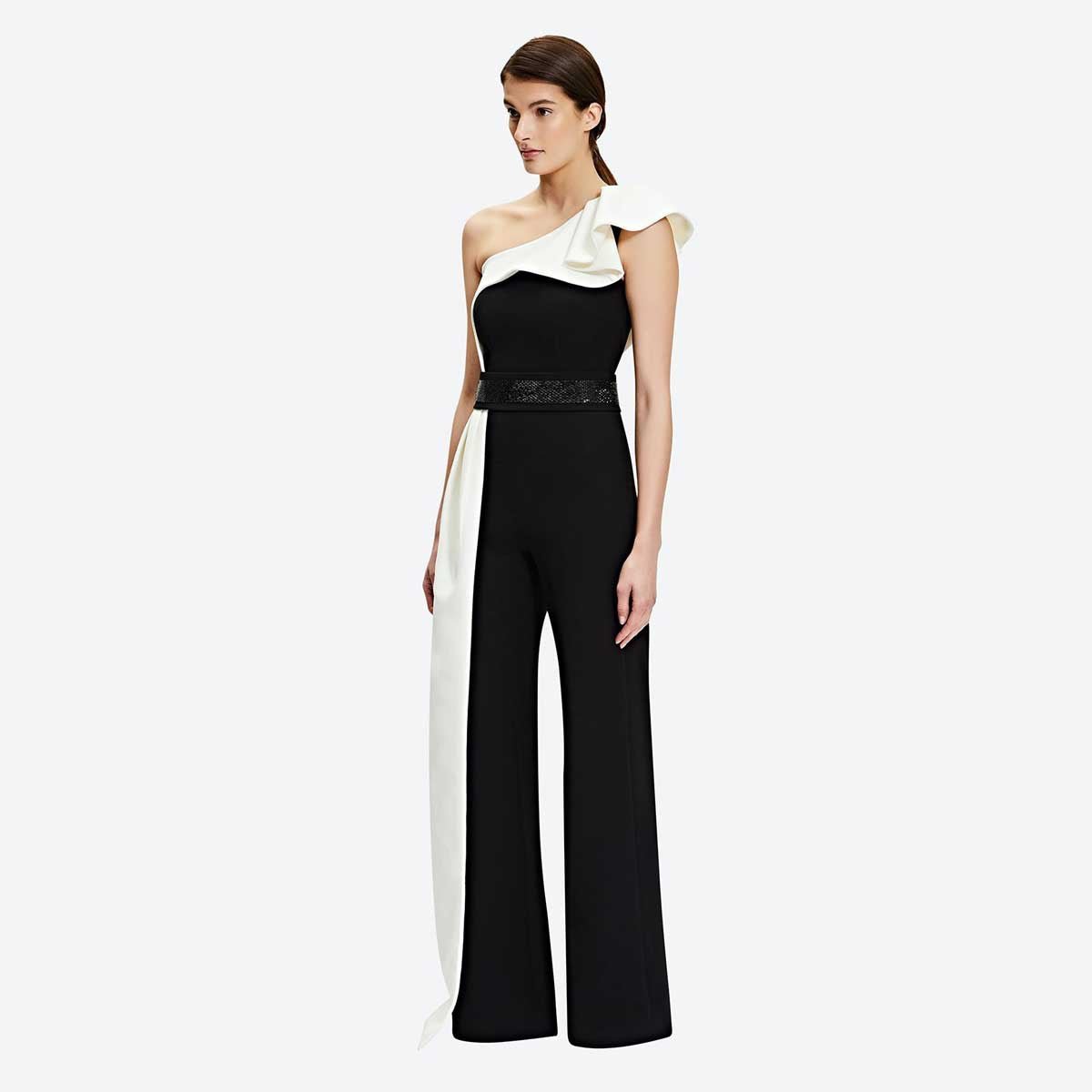 Long Black and White Contrast Sleeveless Slim Fit Splicing Solid Color Jumpsuit - Negative Apparel