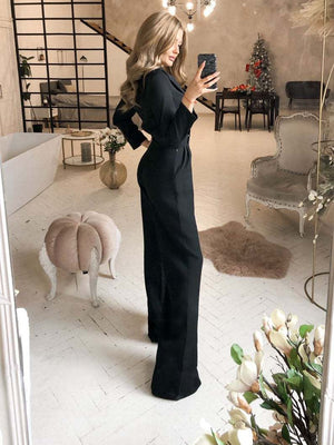 Long - sleeved solid color casual wine red trousers jumpsuit - Negative Apparel