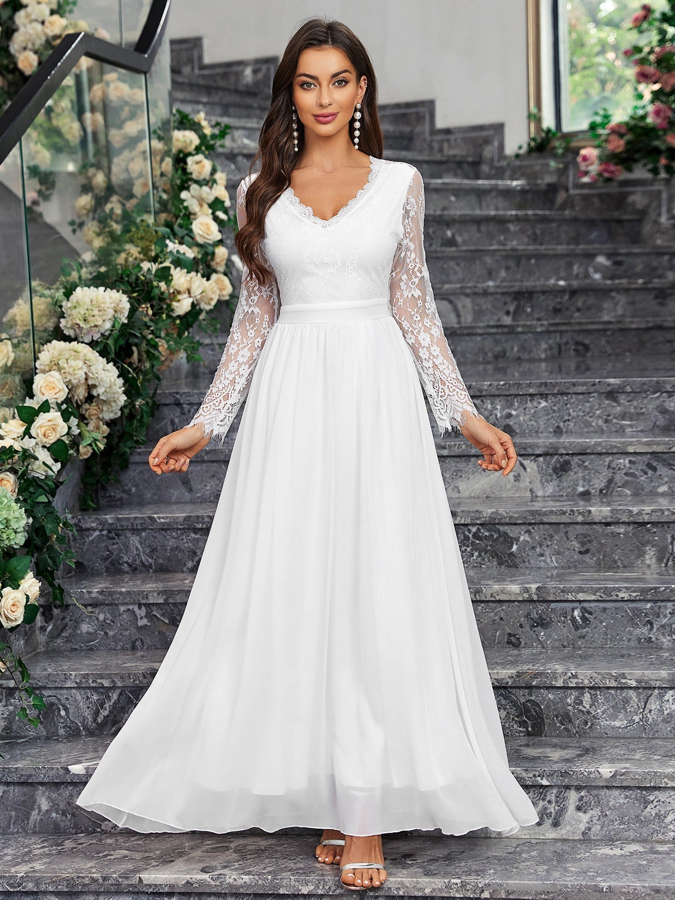 Long - sleeved V - neck lace chiffon backless wedding bridesmaid dress banquet - Negative Apparel