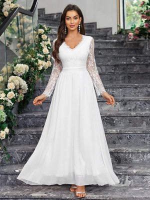 Long - sleeved V - neck lace chiffon backless wedding bridesmaid dress banquet - Negative Apparel