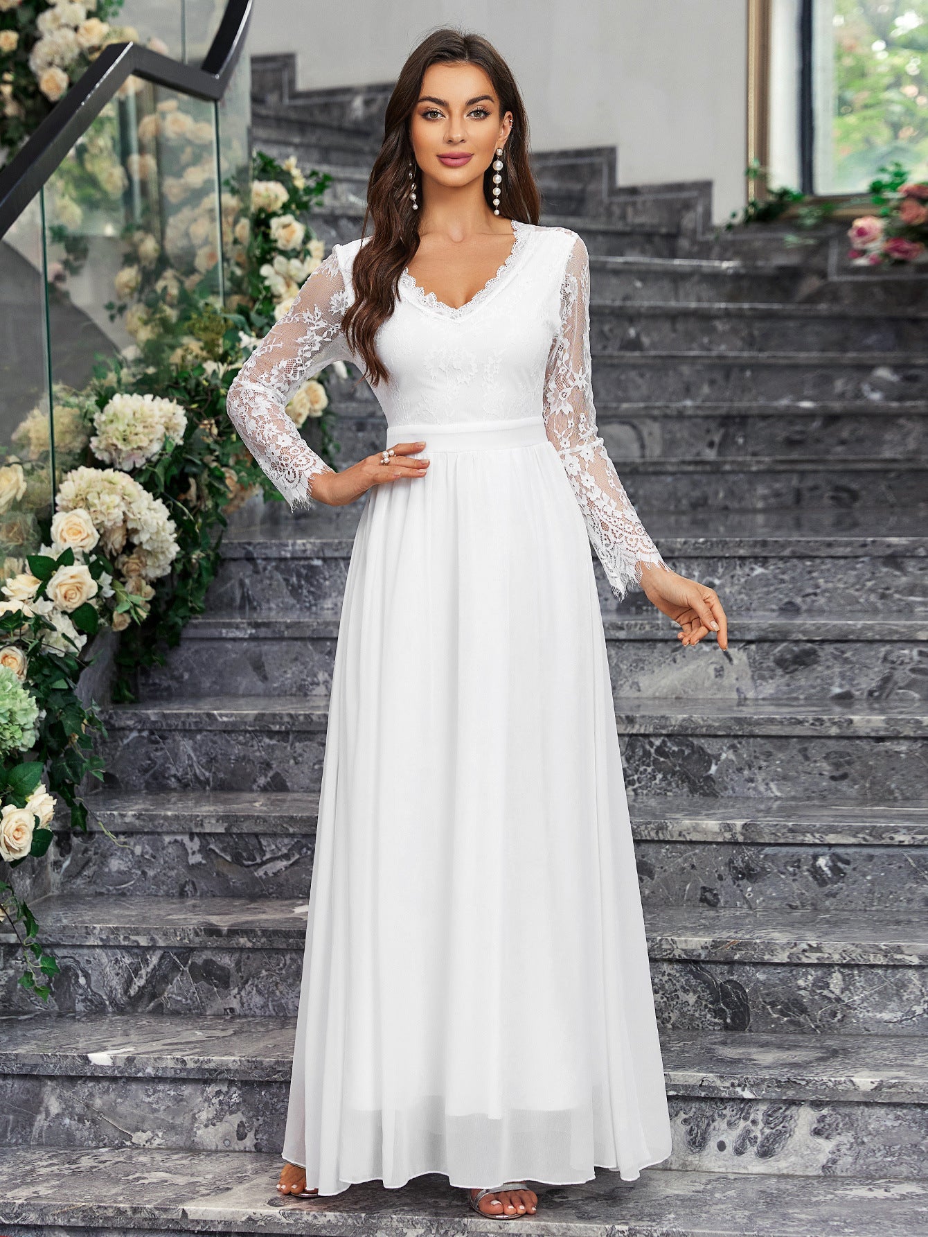 Long - sleeved V - neck lace chiffon backless wedding bridesmaid dress banquet - Negative Apparel