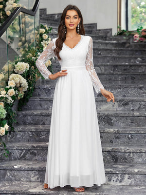 Long - sleeved V - neck lace chiffon backless wedding bridesmaid dress banquet - Negative Apparel