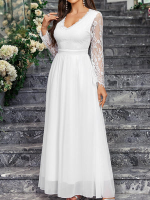 Long - sleeved V - neck lace chiffon backless wedding bridesmaid dress banquet - Negative Apparel