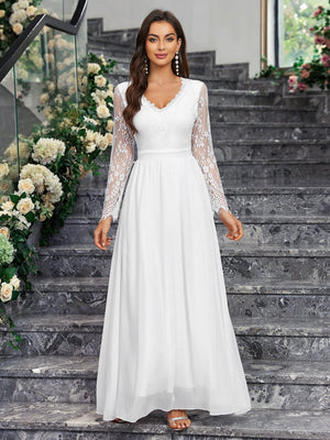 Long - sleeved V - neck lace chiffon backless wedding bridesmaid dress banquet - Negative Apparel