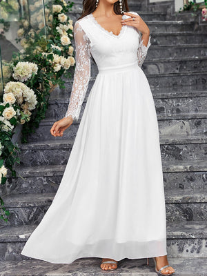 Long - sleeved V - neck lace chiffon backless wedding bridesmaid dress banquet - Negative Apparel