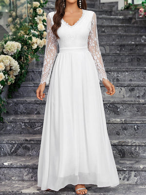 Long - sleeved V - neck lace chiffon backless wedding bridesmaid dress banquet - Negative Apparel
