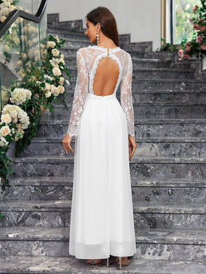 Long - sleeved V - neck lace chiffon backless wedding bridesmaid dress banquet - Negative Apparel