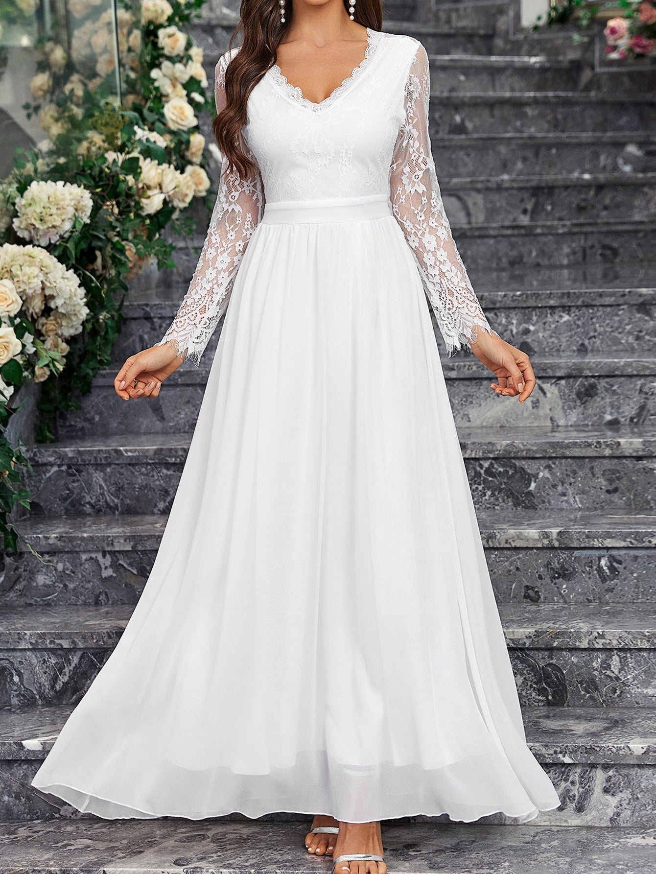 Long - sleeved V - neck lace chiffon backless wedding bridesmaid dress banquet - Negative Apparel