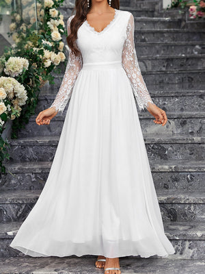 Long - sleeved V - neck lace chiffon backless wedding bridesmaid dress banquet - Negative Apparel