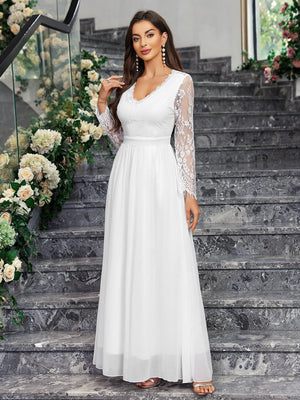 Long - sleeved V - neck lace chiffon backless wedding bridesmaid dress banquet - Negative Apparel