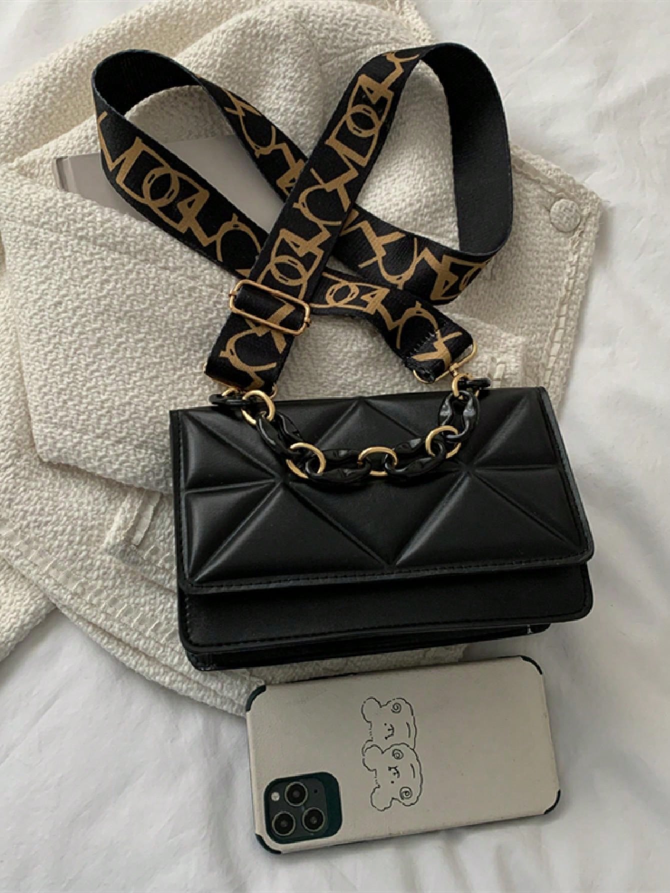 Mini Chain Decor Quilted Flap Embossed Crossbody Bag with Retro Chain - Negative Apparel