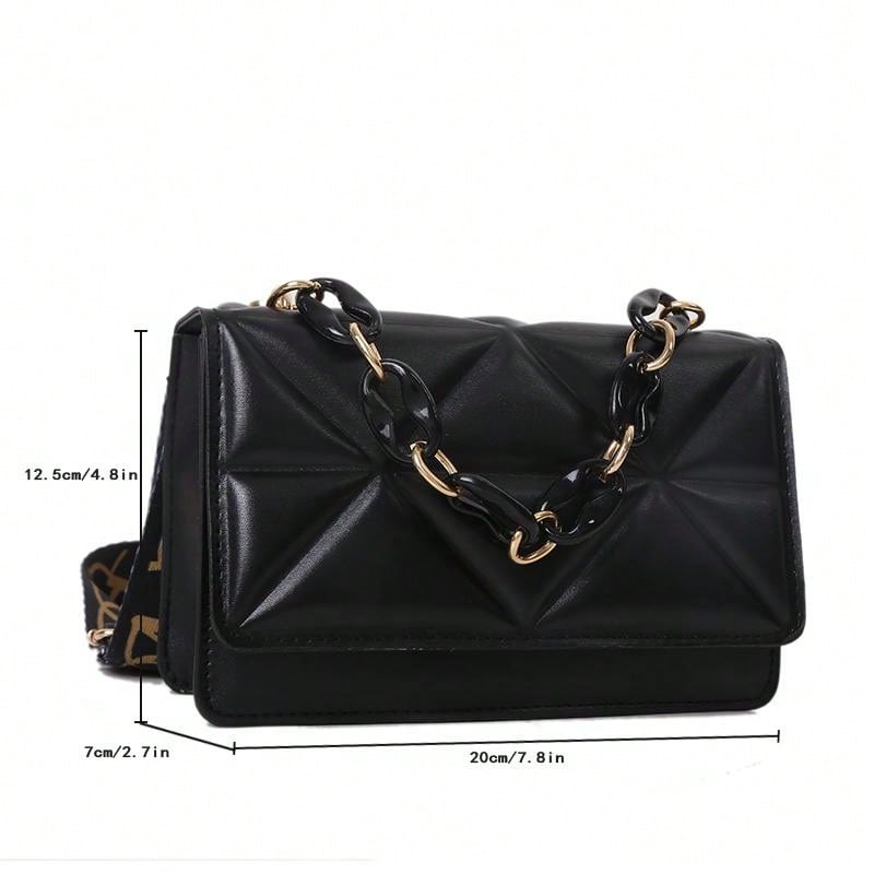 Mini Chain Decor Quilted Flap Embossed Crossbody Bag with Retro Chain - Negative Apparel