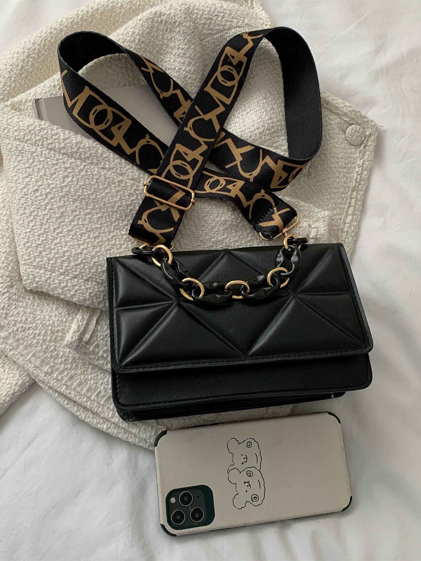 Mini Chain Decor Quilted Flap Embossed Crossbody Bag with Retro Chain - Negative Apparel
