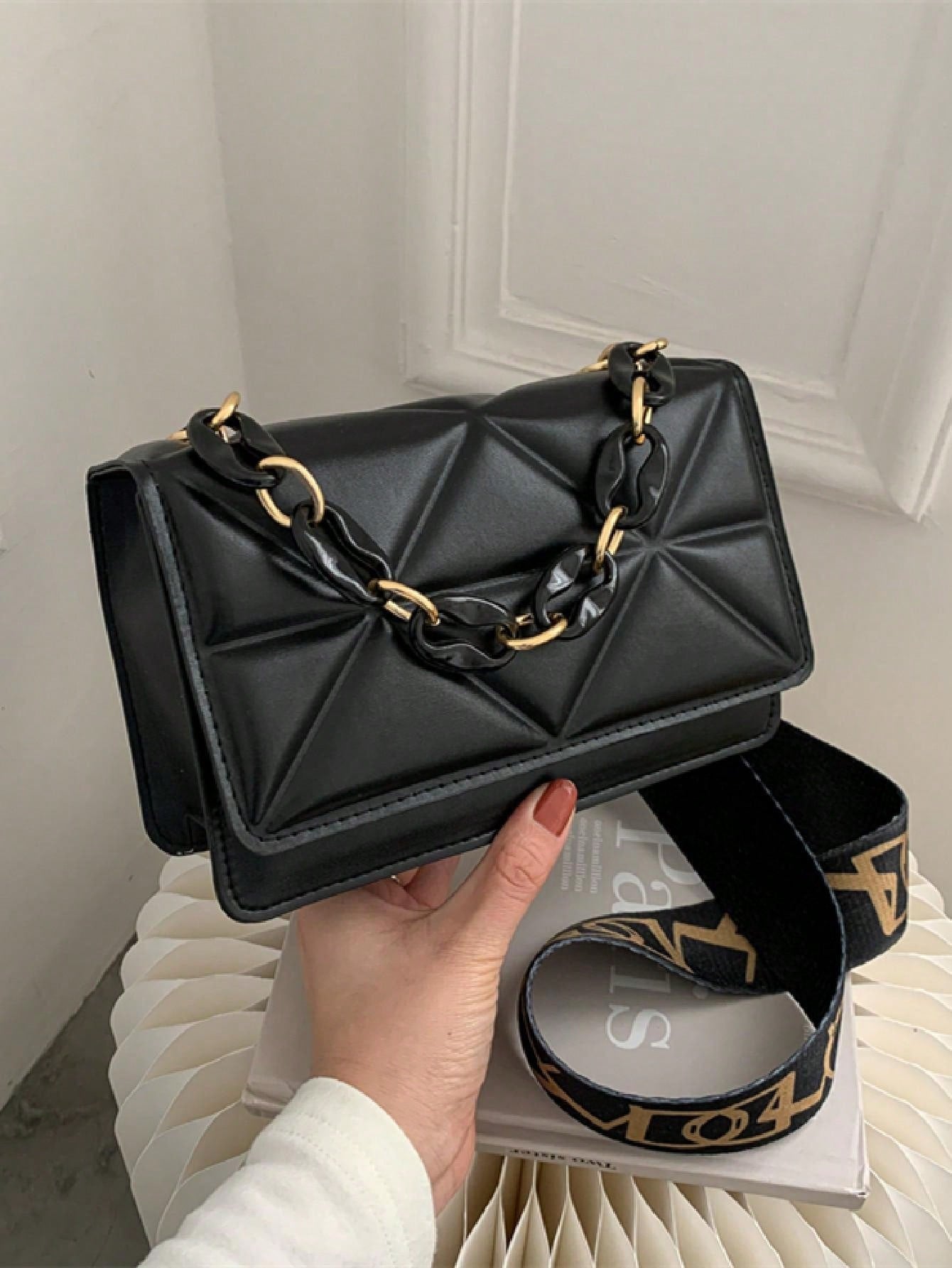 Mini Chain Decor Quilted Flap Embossed Crossbody Bag with Retro Chain - Negative Apparel