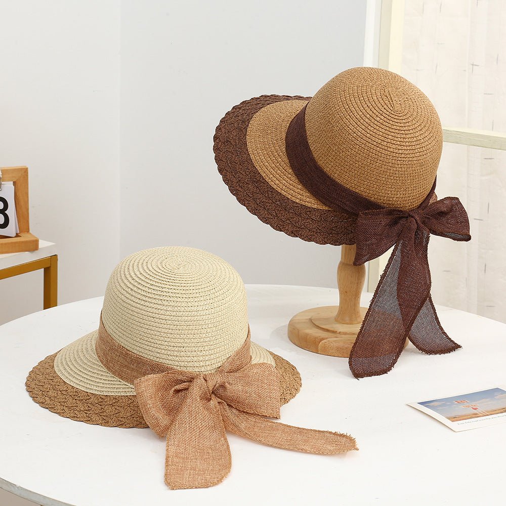 New straw hat for women on seaside vacation with bow ribbon sun hat with opening at the back of the head for ponytail sun hat - Negative Apparel