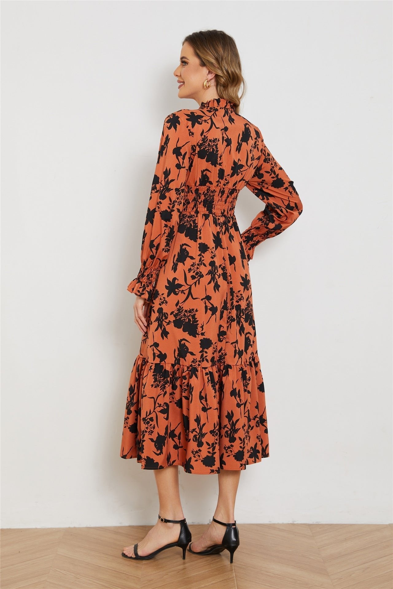 New V - neck long - sleeved high - waist floral dress for women - Negative Apparel
