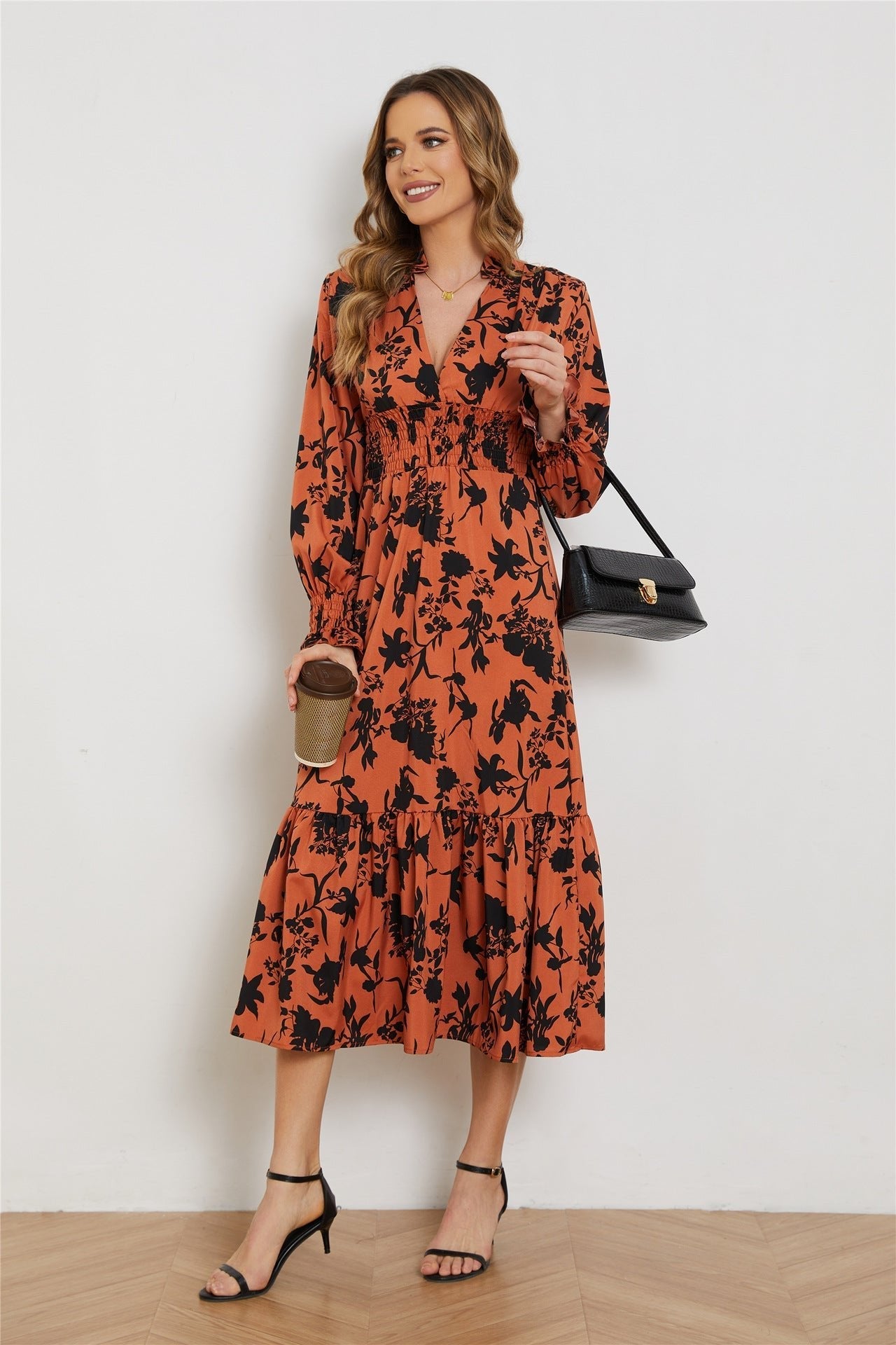 New V - neck long - sleeved high - waist floral dress for women - Negative Apparel
