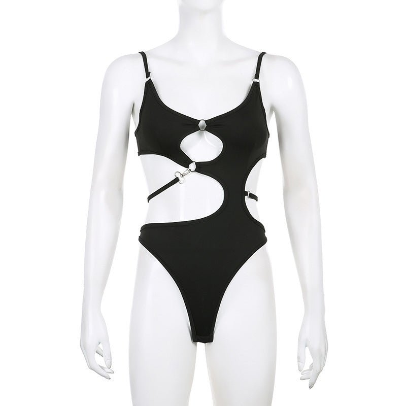 Niche style irregular hollow sexy hot girl jumpsuit metal buckle suspenders solid color bodysuit - Negative Apparel