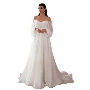 One - shoulder wedding party long - sleeved dress solid color chiffon long dress - Negative Apparel
