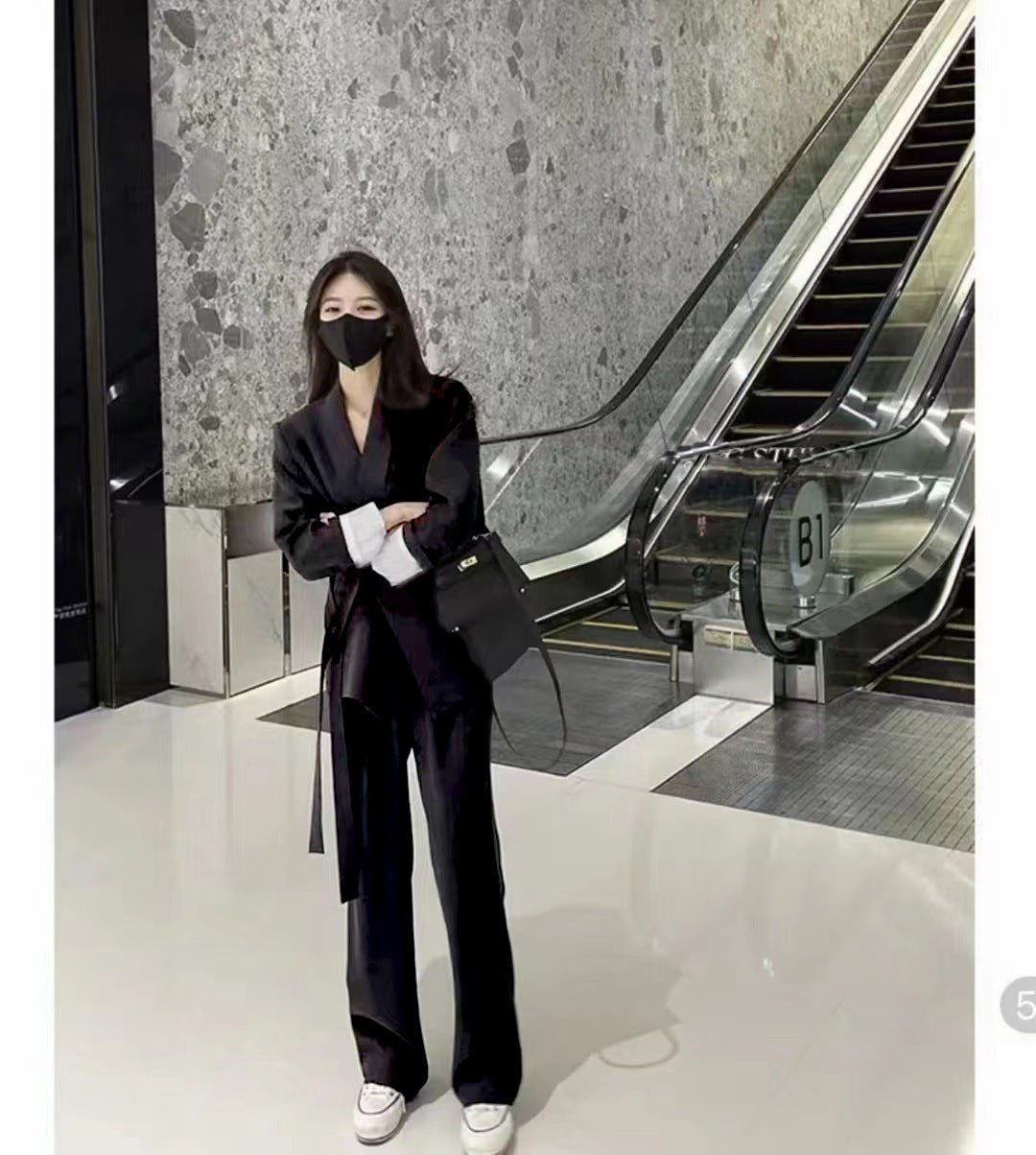 Pink high - end suit for women 2025 spring new design wide - leg pants two - piece suit - Negative Apparel