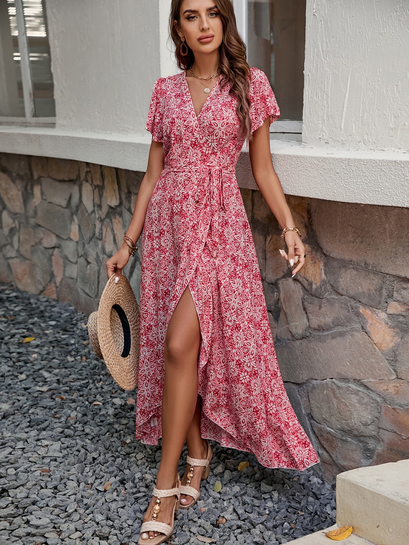 Printed short - sleeved one - piece tie skirt beach holiday style swing dress - Negative Apparel