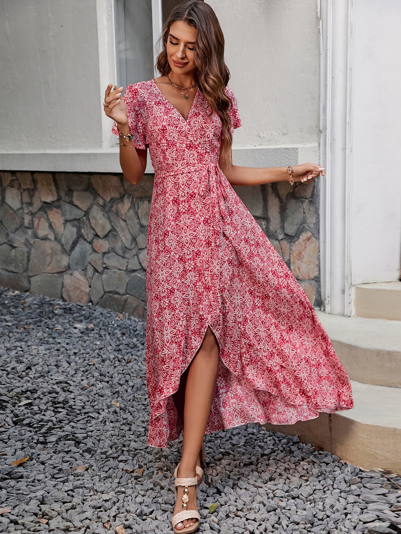 Printed short - sleeved one - piece tie skirt beach holiday style swing dress - Negative Apparel