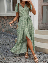 Printed short - sleeved one - piece tie skirt beach holiday style swing dress - Negative Apparel
