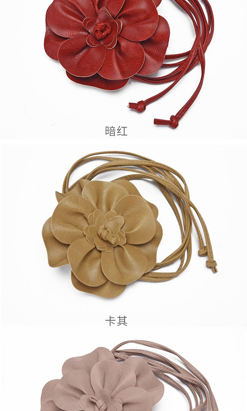 pu leather big flower waist rope bohemian style dress decorative belt tie bow long tie - Negative Apparel