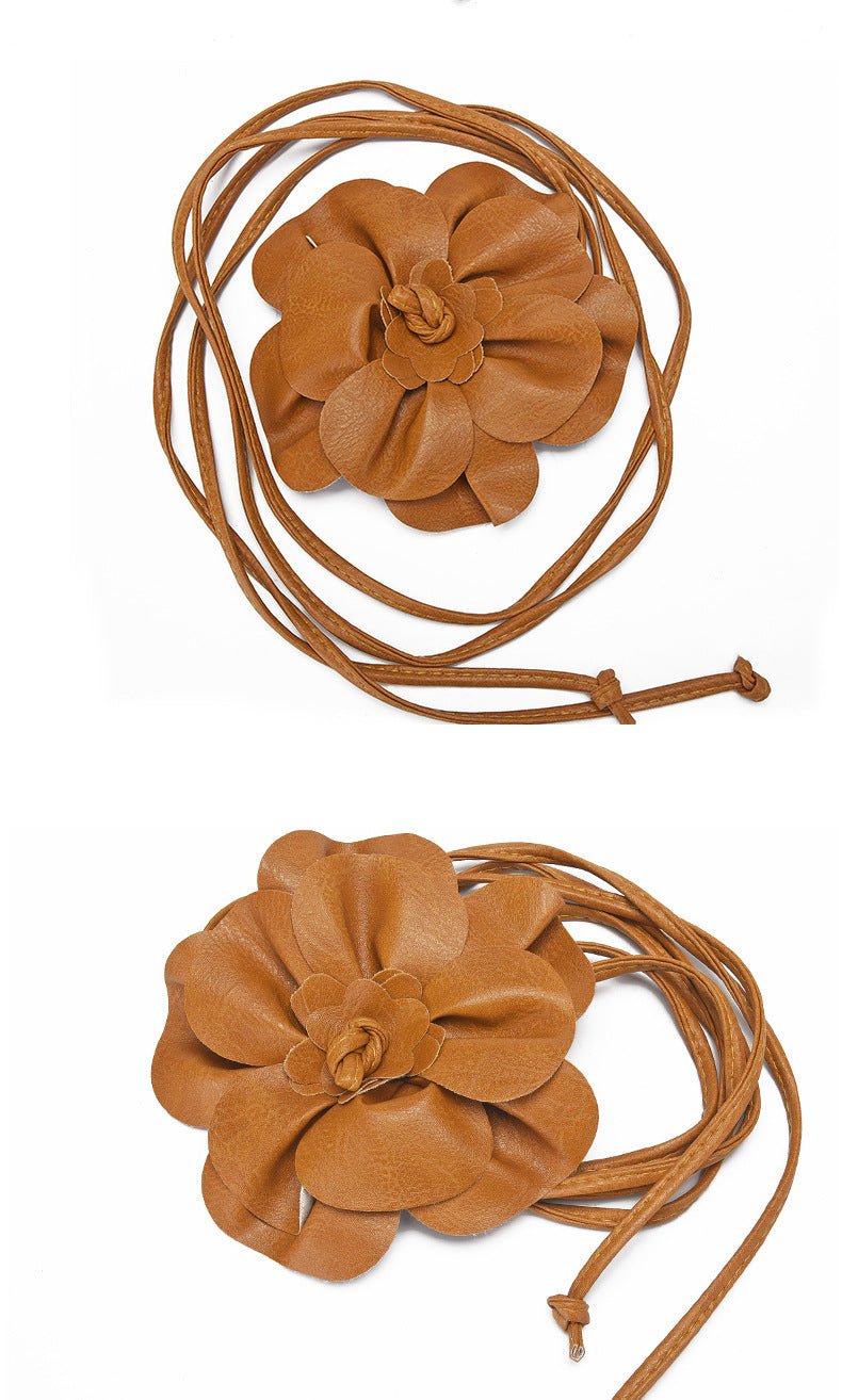 pu leather big flower waist rope bohemian style dress decorative belt tie bow long tie - Negative Apparel