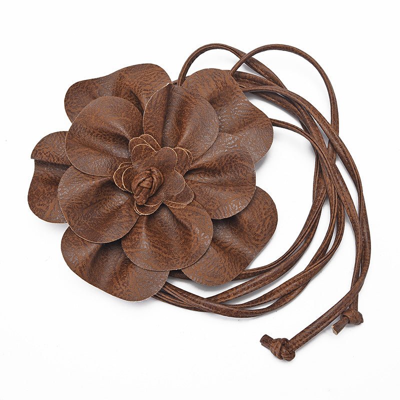 pu leather big flower waist rope bohemian style dress decorative belt tie bow long tie - Negative Apparel