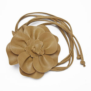 pu leather big flower waist rope bohemian style dress decorative belt tie bow long tie - Negative Apparel