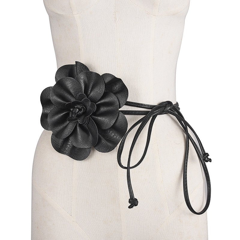 pu leather big flower waist rope bohemian style dress decorative belt tie bow long tie - Negative Apparel