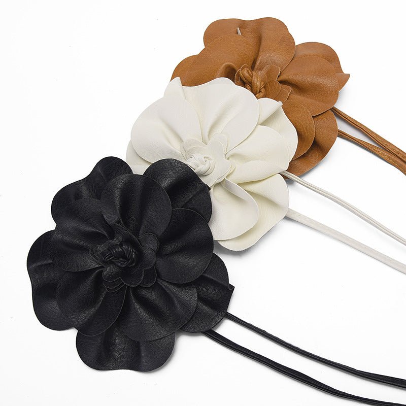pu leather big flower waist rope bohemian style dress decorative belt tie bow long tie - Negative Apparel