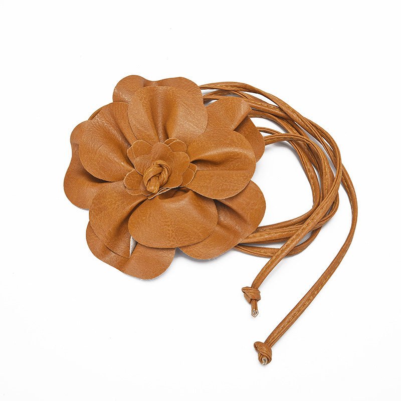 pu leather big flower waist rope bohemian style dress decorative belt tie bow long tie - Negative Apparel