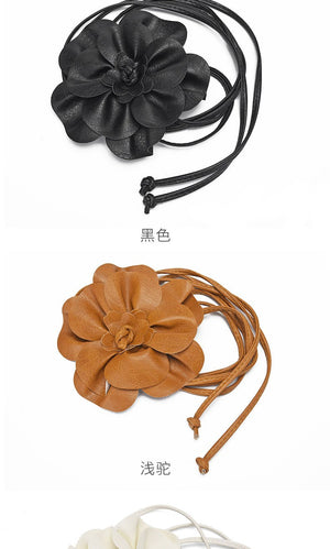 pu leather big flower waist rope bohemian style dress decorative belt tie bow long tie - Negative Apparel